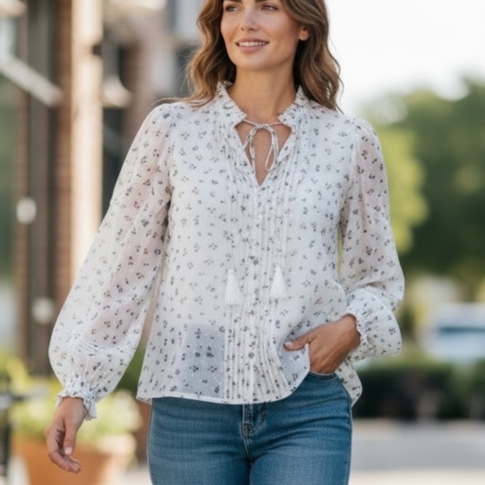 Cleobella White Floral Cotton Clip Dot Peasant Blouse Tassel Tie Neck Small